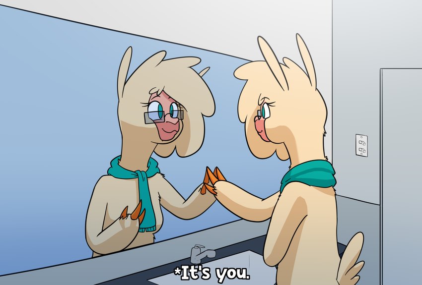 anthro bathroom bathroom_wall cartoon_nudity cloven_hooves eyewear female glasses hooves light_switch looking_at_self scarf sink smile solo touching_mirror hitsuji shio_(hitsuji) alpaca camelid mammal hi_res