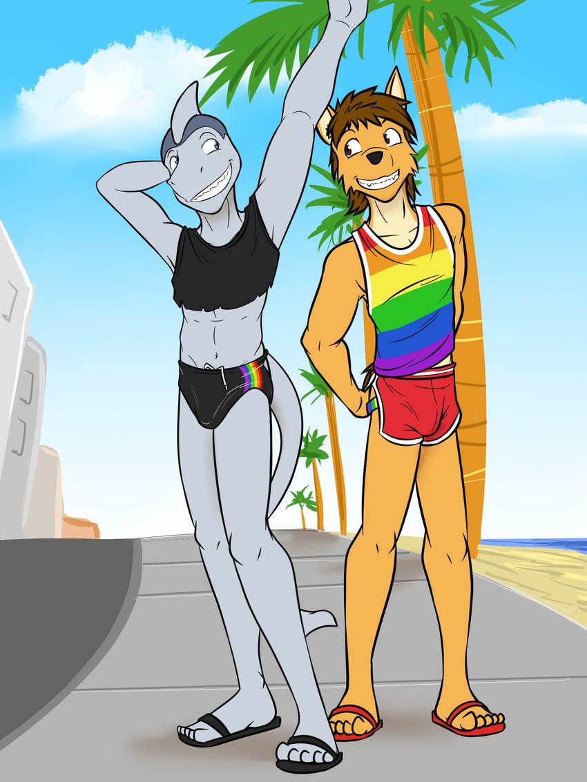 anthro beach bottomwear clothed clothing crop_top dolphin_shorts duo flip_flops footwear hotpants lgbt_pride male male/male midriff multicolored_clothing multicolored_shirt multicolored_tank_top multicolored_topwear navel outside palm_tree plant pride_color_bottomwear pride_color_clothing pride_color_topwear pride_colors rainbow_clothing rainbow_pride_clothing rainbow_pride_colors rainbow_shirt rainbow_symbol rainbow_tank_top rainbow_topwear sandals seaside shirt shoes shorts six-stripe_rainbow_pride_colors speedo swimwear tank_top topwear tree fuze texnatsu ian_dela_cruz mond_reyes canid canine canis coyote fish mammal marine shark 3:4 digital_media_(artwork) hi_res