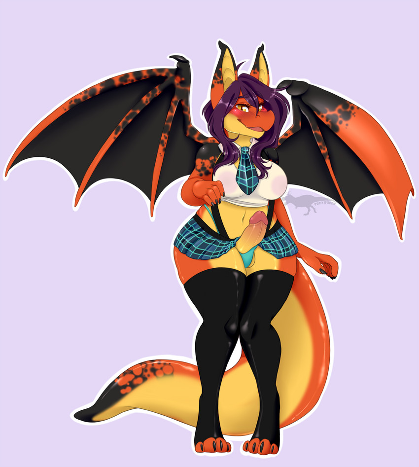 anthro blue_border blush border breasts clothed clothing gynomorph hair intersex legwear purple_hair school_uniform slightly_chubby solo tail thigh_highs translucent translucent_clothing uniform wardrobe_malfunction wings trexqueen european_mythology mythology dragon mythological_creature mythological_scalie scalie western_dragon hi_res