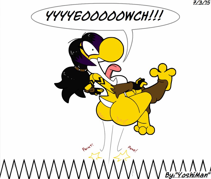 anthro big_butt black_hair breasts butt butthurt dialogue female hair pain purple_dye screaming simple_background solo sound_effects speech_bubble tattoo text tongue yoshiman1118 mario_bros nintendo yellow_yoshi yoshi