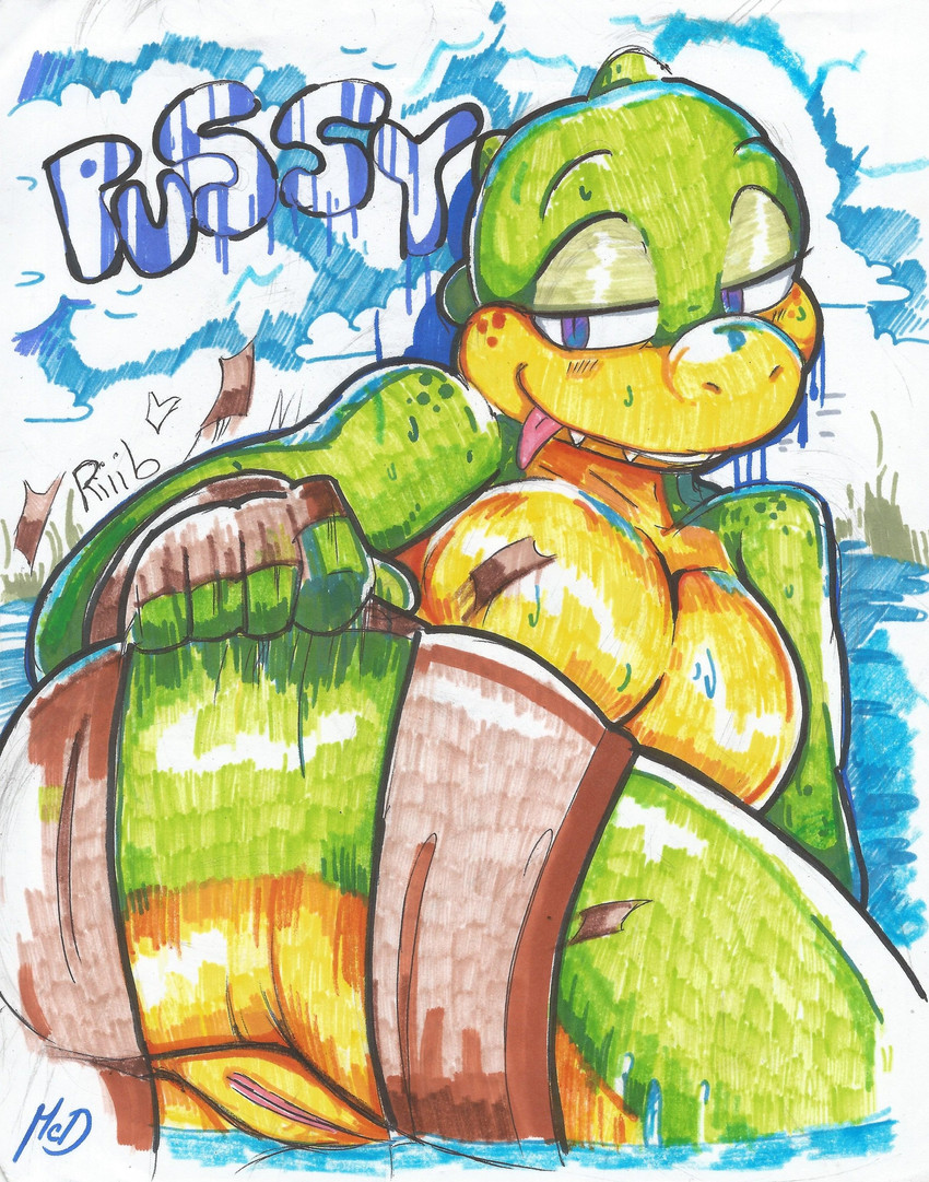 anthro female genitals green_body pussy solo mcdave19 sydney_swamp_(vimhomeless) crocodile crocodilian reptile scalie absurd_res hi_res traditional_media_(artwork)