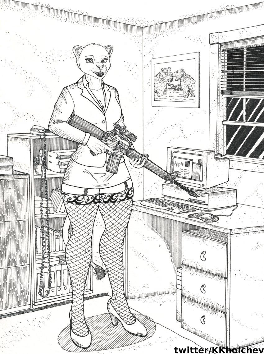 absolute_territory anthro assault_rifle blinds bottomwear business_suit clothing computer computer_keyboard computer_monitor computer_mouse detailed_background electronics female feral fishnet_clothing fishnet_legwear footwear framed_picture furniture garter_straps gun high_heels landline_phone legwear looking_at_viewer m16 miniskirt office phone pumps ranged_weapon rifle scope shoes skirt smile solo suit table thick_thighs trigger_discipline weapon window konstantin_kholchev apple_inc. bear felid lion mammal pantherine hatching_(art) hi_res monochrome shaded