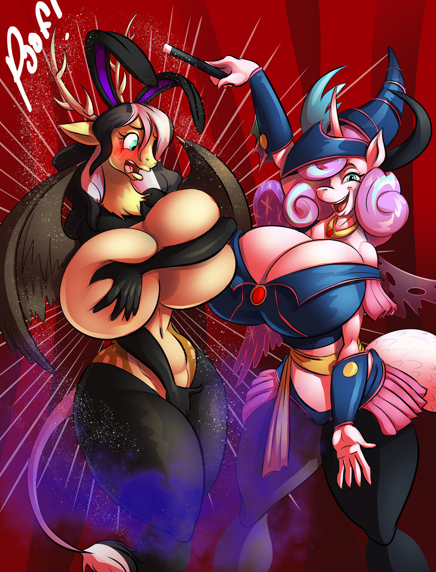 aged_up anthro anthrofied big_breasts breasts cleavage clothed clothing duo female horn huge_breasts wide_hips thebigbadwolf01 friendship_is_magic hasbro konami my_little_pony mythology yu-gi-oh! dark_magician_girl fan_character flurry_heart_(mlp) titania_(judoon) chimera draconequus duel_monster equid equine mammal mythological_creature mythological_equine unicorn absurd_res hi_res