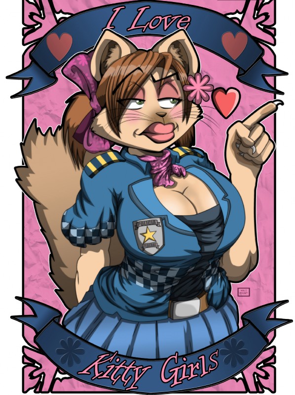 alternative_fashion anthro big_breasts breasts brown_hair cleavage clothed clothing female green_eyes hair heart_symbol lips police solo tail thick_lips holimount domestic_cat felid feline felis mammal character_badge_(artwork) hi_res