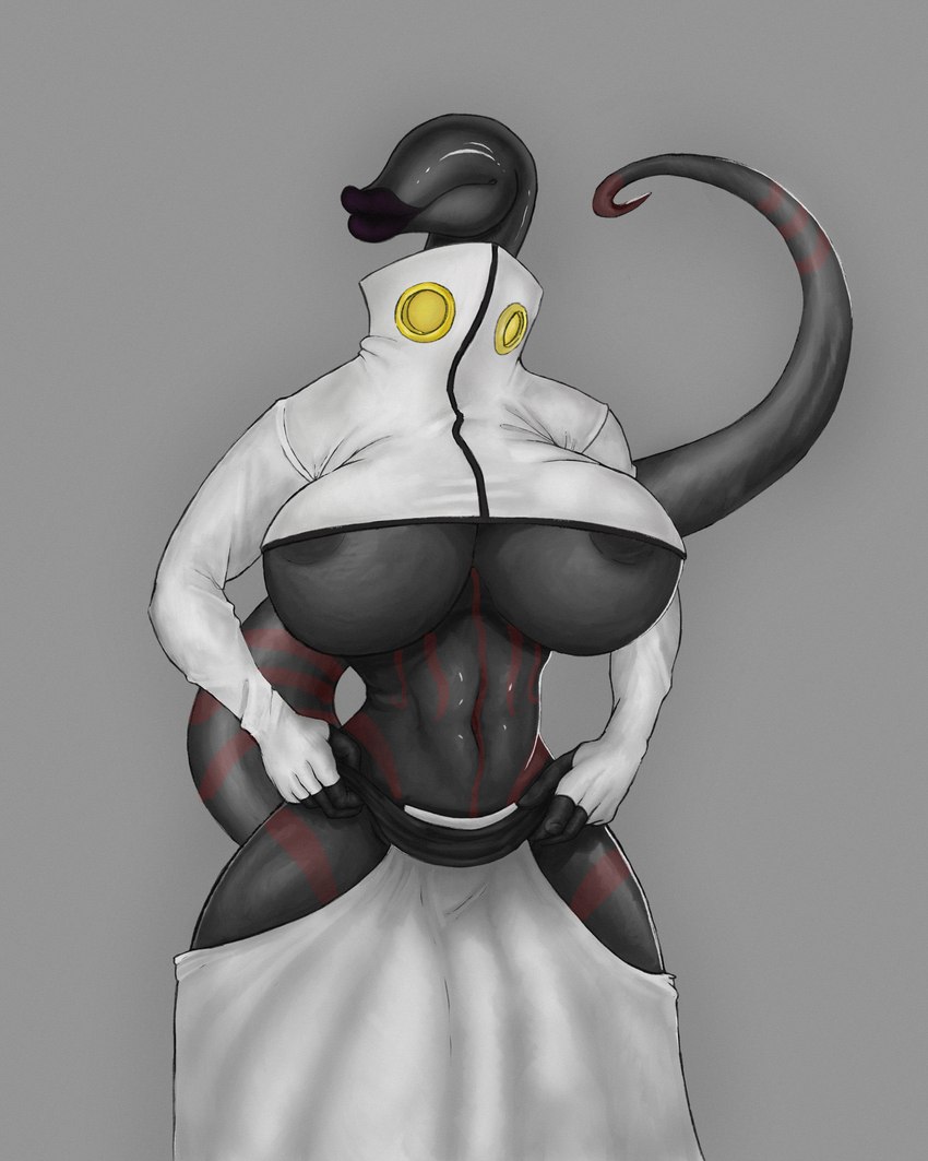 anthro big_breasts black_body black_skin breasts clothed clothing female lips muscular muscular_anthro simple_background solo tail tattoo alester_nibras bleach_(series) tier_harribel yetzer_hara annelid demon jinn leech absurd_res digital_media_(artwork) hi_res