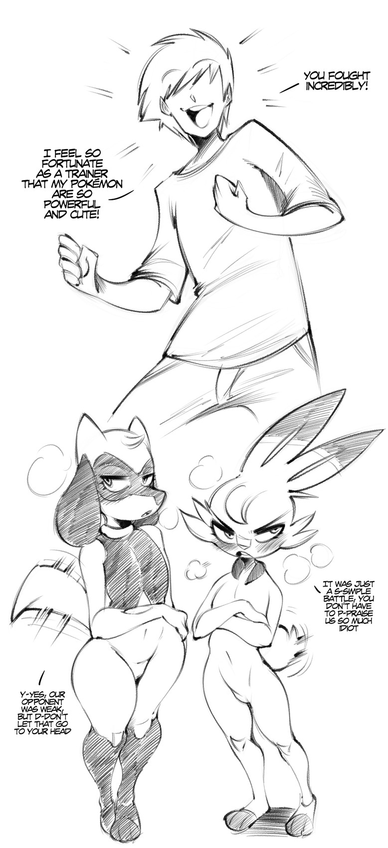 anthro barely_visible_genitalia barely_visible_vulva biped blush bottomwear clothed clothing dialogue female genitals group hair hair_over_eyes male nude open_mouth pants shirt simple_background smile tail tail_motion tailwag text thick_thighs topwear trio vulva saltyxodium nintendo pokemon canid generation_4_pokemon generation_8_pokemon human lagomorph leporid mammal pokemon_(species) riolu scorbunny 2025 absurd_res english_text hi_res monochrome