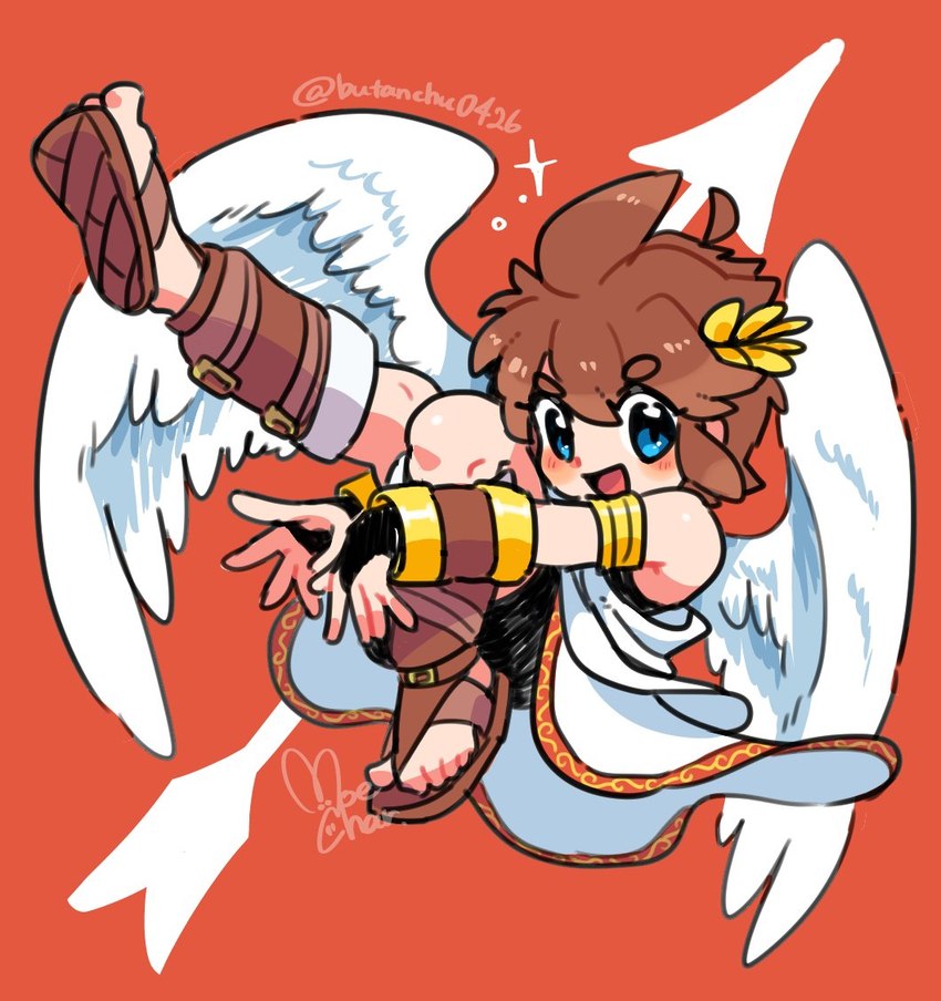 5_fingers 5_toes blush brown_hair clothing feathered_wings feathers feet fingers footwear hair light_body light_skin looking_at_viewer male not_furry open_mouth open_smile sandals shoes simple_background smile solo toes wings butanchu0426 kid_icarus nintendo pit_(kid_icarus) angel humanoid winged_humanoid signature