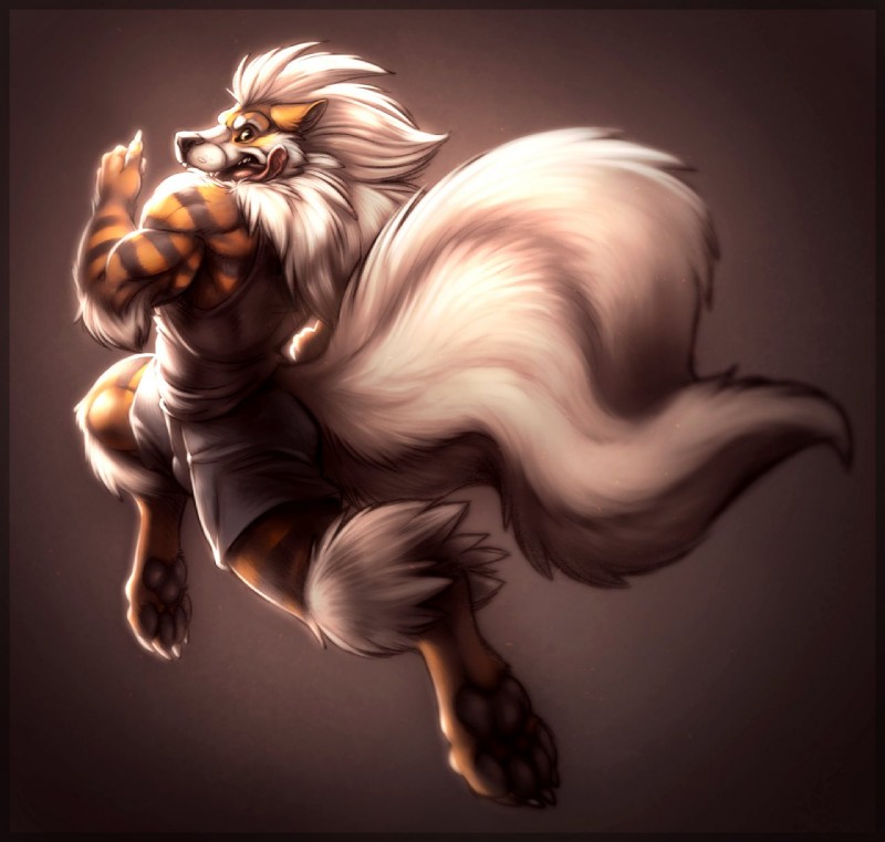 anthro anthrofied claws clothed clothing digitigrade fluffy fluffy_tail looking_at_viewer looking_back looking_back_at_viewer male muscular muscular_anthro muscular_male neck_tuft pawpads running solo tail tongue tongue_out tuft neodokuro nintendo pokemon kyros_(dowski) arcanine generation_1_pokemon pokemon_(species) hi_res