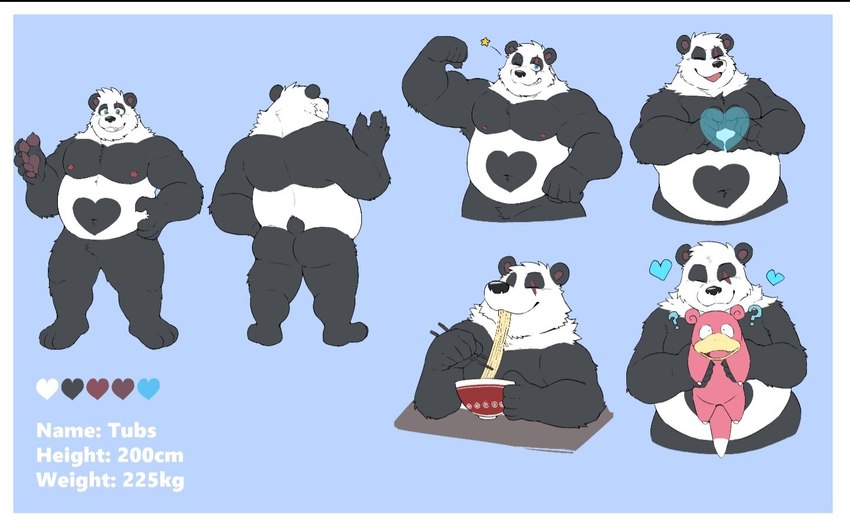 anthro black_body black_fur blue_eyes butt duo eating flexing food front_and_back fur gesture heart_(marking) heart_gesture heart_symbol holding_another male markings musclegut muscular muscular_male noodles overweight overweight_male slightly_chubby smile standing white_body white_fur ginnosuke nintendo pokemon tubs bear generation_1_pokemon giant_panda mammal pokemon_(species) slowpoke character_name model_sheet multiple_images