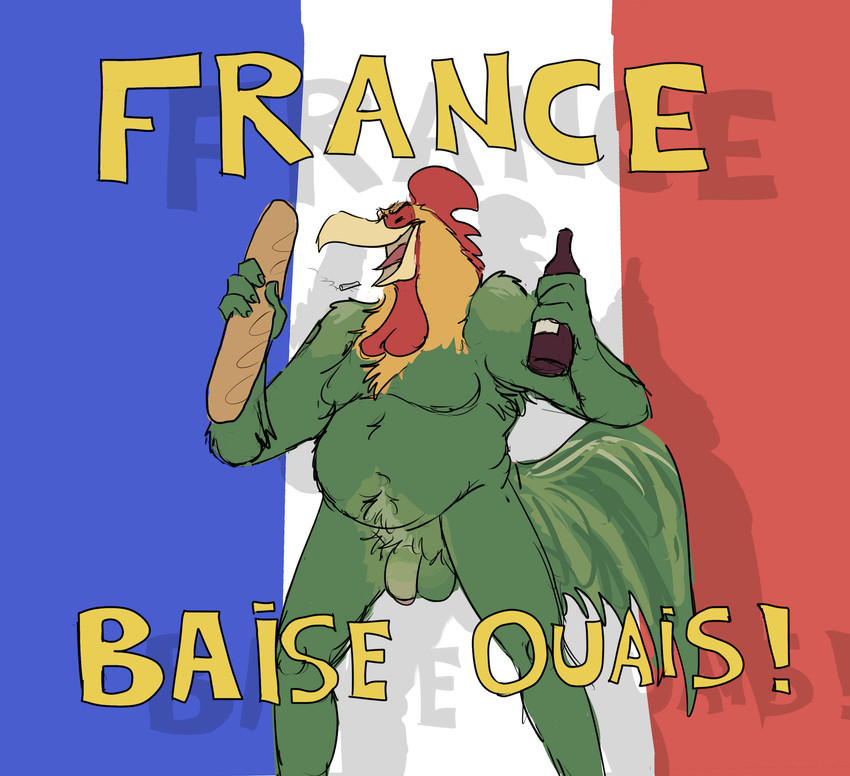 alcohol anthro baguette balls beverage bread cigarette flaccid food foreskin france french_flag genitals holidays male musclegut muscular nude overweight overweight_anthro overweight_male penis slightly_chubby smile solo text wine grivaire bastille_day gallic_rooster avian bird chicken galliform gallus_(genus) phasianid absurd_res hi_res translated