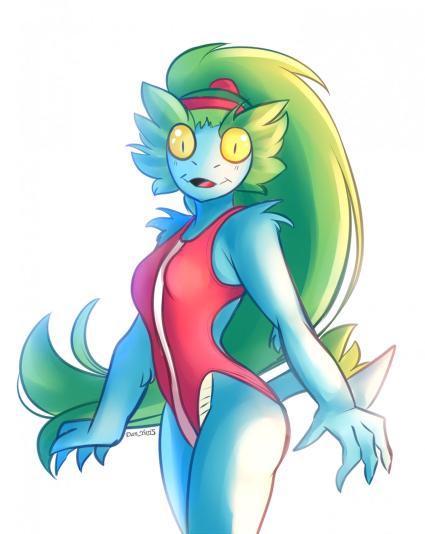 blue_body clothing female green_hair hair one-piece_swimsuit pose smile solo sweatband swimwear danyuris scalie_schoolie liska_(scalie_schoolie) humanoid lizard reptile scalie hi_res