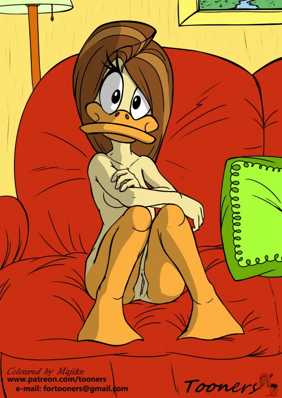 anthro beak bed breasts female furniture genitals hair non-mammal_breasts nude pillow pussy simple_background smile solo text white_background majike tooners looney_tunes the_looney_tunes_show warner_brothers tina_russo anatid anseriform avian bird duck absurd_res hi_res url