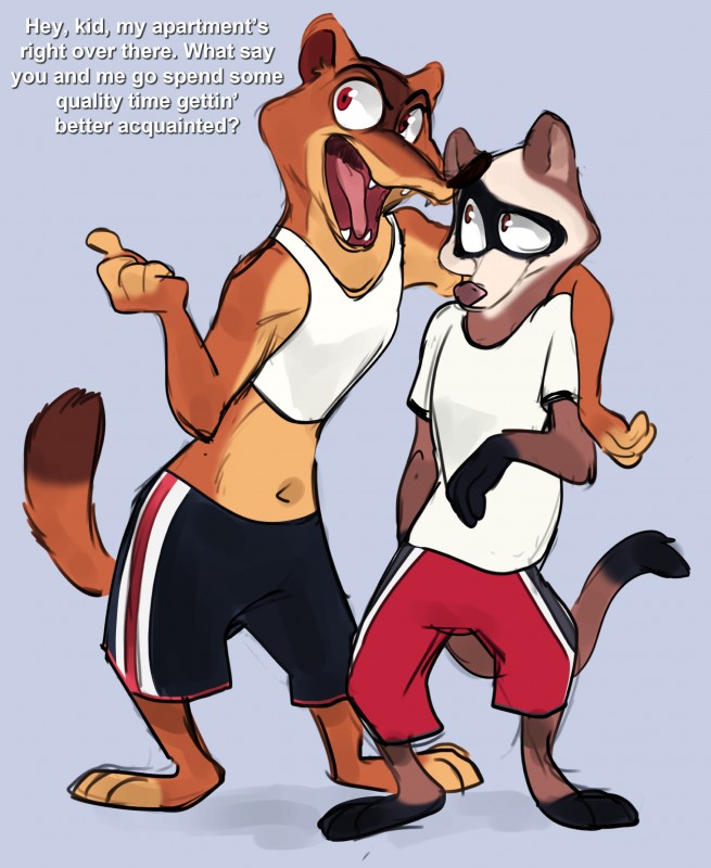 anthro barefoot bottomwear clothed clothing dialogue duo feet gesture hand_gesture male male/male midriff navel open_mouth pointing shirt shorts simple_background teeth text tongue topwear sexilydrawn disney zootopia duke_weaselton travis_(zootopia) black-footed_ferret long-tailed_weasel mammal mustelid musteline true_musteline weasel absurd_res english_text hi_res shaded sketch