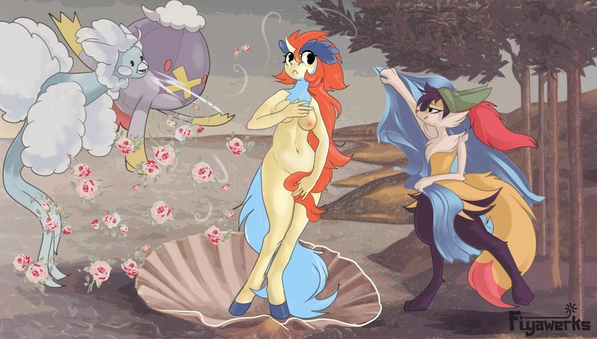 anthro belly breasts cloud covering covering_self day detailed_background embarrassed female feral flower flying front_view group holding_object navel nude outside overcast painting plant rose_(flower) seaside shell sky standing tree walking water wind fiyawerks birth_of_venus mythology nintendo pokemon fiya keldia altaria braixen canid canine drifblim equid equine generation_3_pokemon generation_4_pokemon generation_5_pokemon generation_6_pokemon keldeo keldeo_(ordinary_form) legendary_pokemon mammal pokemon_(species) absurd_res digital_media_(artwork) hi_res inspired_by_formal_art signature