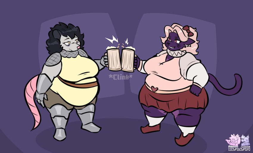 alcohol anthro armor belt beverage bottomwear clothing drinking duo empty_eyes fantasy female female/female hyper long_sleeves obese overweight pink_clothing pink_shirt pink_topwear ruff_(clothing) sash shirt skirt smile smiling_at_another smiling_at_partner toasting topwear yellow_clothing yellow_shirt yellow_topwear thefoxsista leonie_(nibblyknuckles) poppy_mae_(fairaarts) american_opossum domestic_cat felid feline felis mammal marsupial rodent virginia_opossum hi_res trans_(lore) trans_woman_(lore)