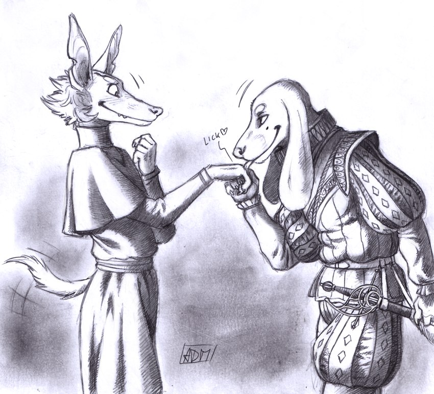 anthro anthro_on_anthro belt biped bottomwear clothed clothing duo fingers floppy_ears fur hand_holding hand_lick licking long_ears looking_down_at_partner looking_up_at_partner male male/male melee_weapon motion_lines notched_ear pants ruff_(clothing) scabbard shirt smile standing sword tail tail_motion tailwag tongue topwear tunic weapon 0laffson machete_(kalpeakoira) vasco_(kalpeakoira) canid canine canis domestic_dog mammal 2024 graphite_(artwork) hi_res monochrome signature traditional_media_(artwork)