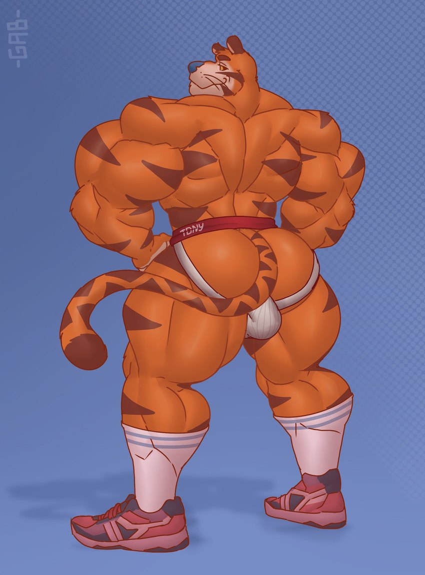 anthro butt clothed clothing footwear jockstrap jockstrap_only looking_at_viewer looking_back male mascot muscular muscular_anthro muscular_male pecs rear_view shoes solo topless underwear underwear_only gabgbb frosted_flakes kellogg's tony_the_tiger felid mammal pantherine tiger 2023 hi_res