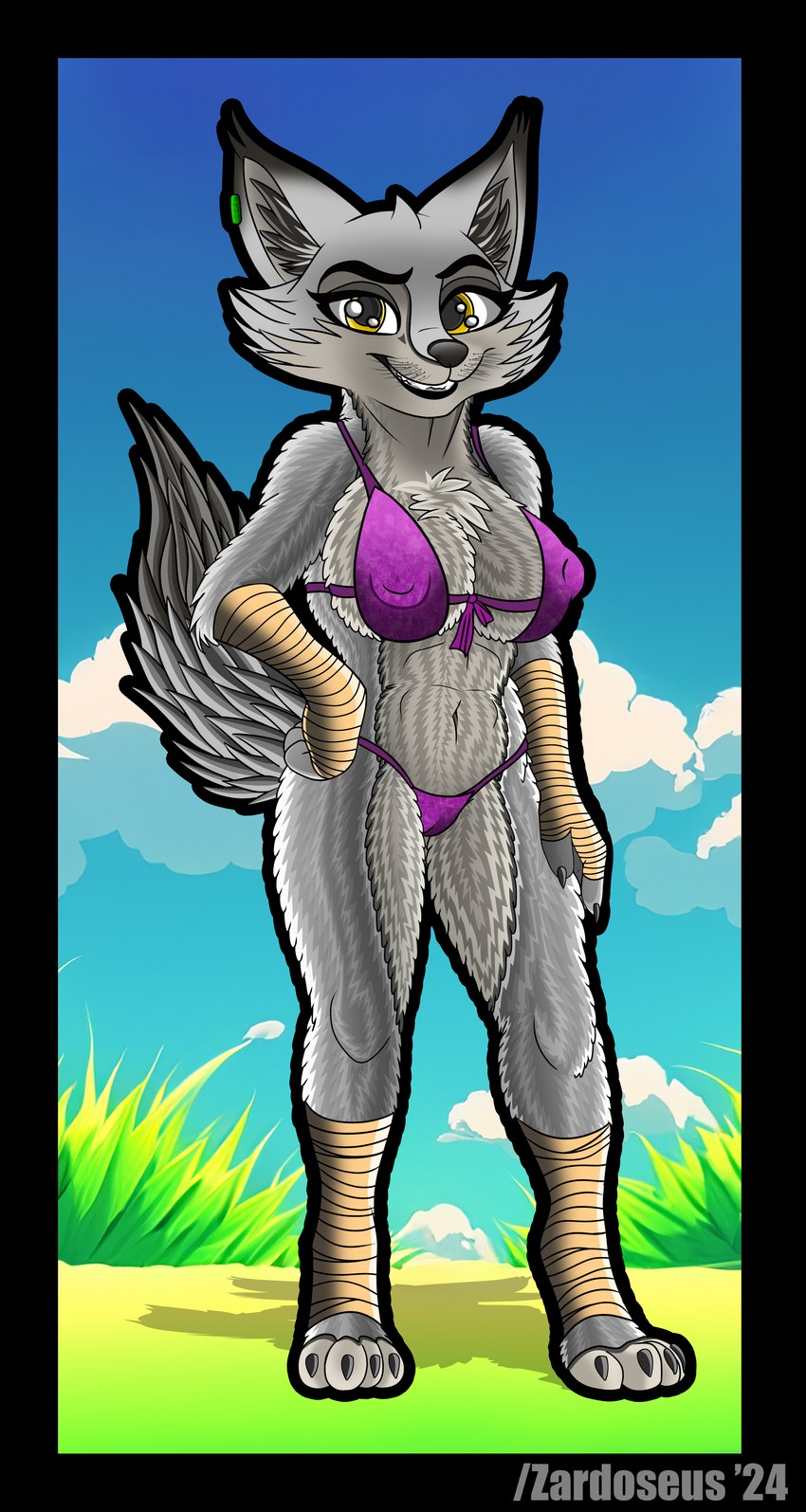 anthro big_breasts bikini breasts butt clothed clothing female looking_at_viewer nipple_outline simple_background swimwear tail two-piece_swimsuit zardoseus dreamworks kung_fu_panda zhen_(kung_fu_panda) canid canine canis corsac_fox fox mammal true_fox 2024 absurd_res digital_media_(artwork) hi_res