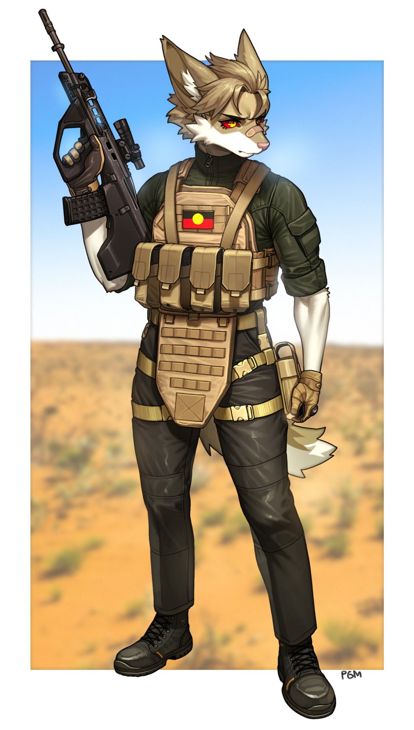 anthro assault_rifle aug_a3 australian_aboriginal_flag band-aid band-aid_on_face band-aid_on_nose bandage bandage_on_face bandage_on_nose blonde_hair bulletproof_vest cheek_tuft clothing f90 facial_tuft flag front_view fur gloves gun hair handwear holster inner_ear_fluff male multicolored_body multicolored_fur pink_nose ranged_weapon red_sclera rifle serious short_hair solo steyr_aug tan_body tan_fur tan_hair tuft two_tone_body two_tone_fur weapon white_body white_fur yellow_eyes pgm300 steyr_arms canid canine mammal 2023 absurd_res hi_res