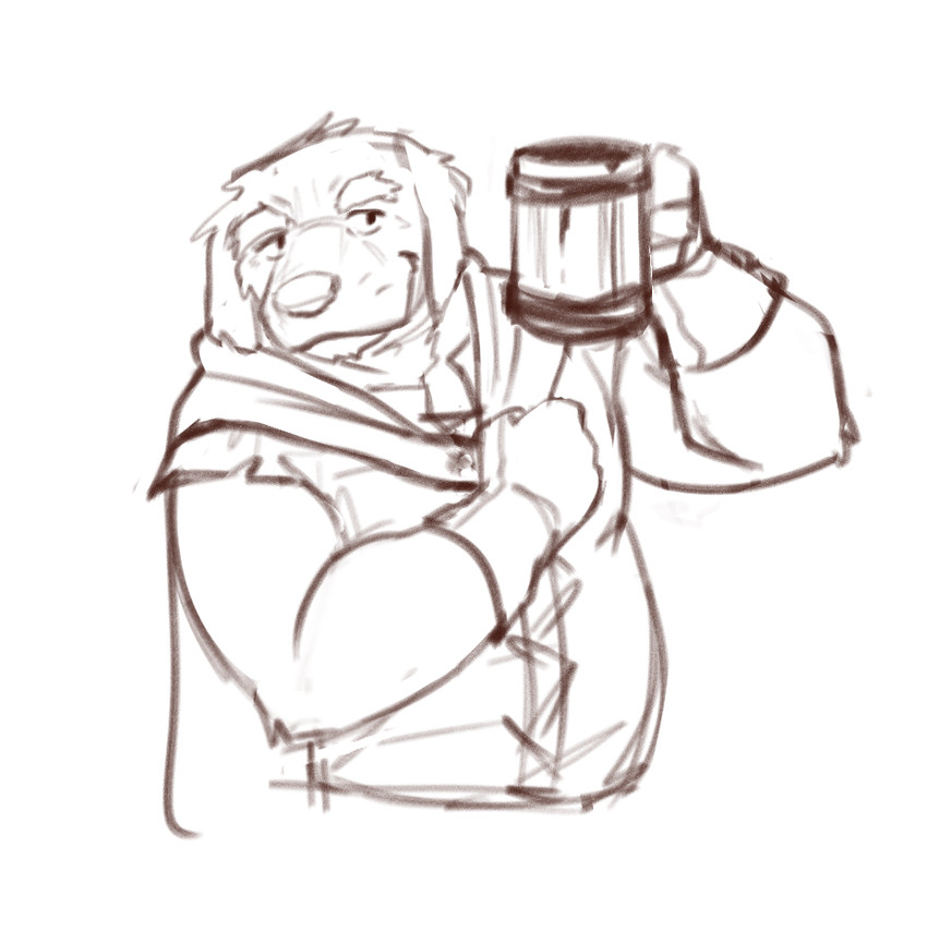 alcohol anthro beer beer_mug beverage cloak clothed clothing container cup gloves handwear male mature_anthro mature_male medieval overweight overweight_anthro overweight_male solo 3000vnd canid canine canis domestic_dog mammal