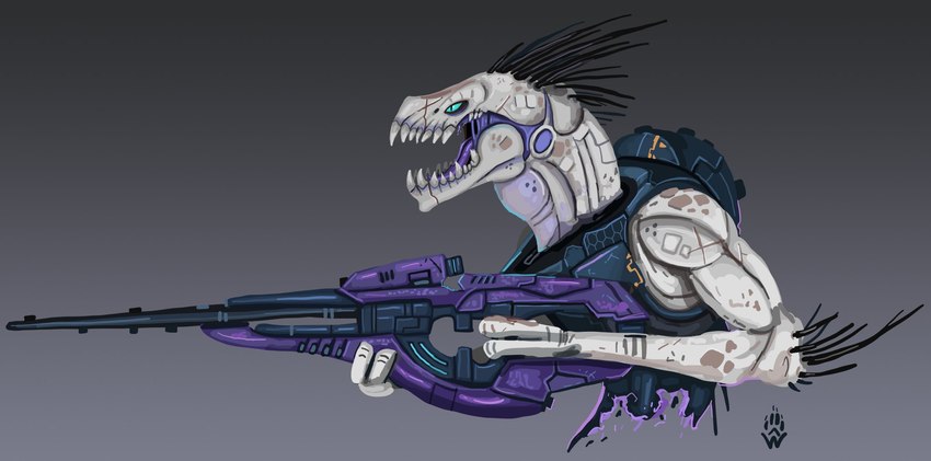 3_fingers ambiguous_gender anthro arm_quills armor black_quills blue_eyes blue_insides carbine cuirass cyanotic_epithelium fangs fingers grey_background grey_body grey_skin gun holding_gun holding_object holding_ranged_weapon holding_weapon open_mouth pupils purple_flesh purple_tongue quill_hair ranged_weapon reptile_ears simple_background slit_pupils solo teeth tongue tympanum weapon wolfdawg halo_(series) microsoft xbox_game_studios alien ibie'shan kig-yar scalie 2020 colored hi_res