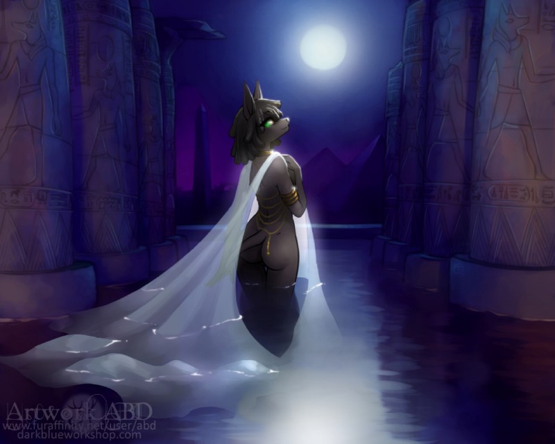 anthro black_hair clothing detailed_background dreadlocks egyptian egyptian_clothing female gold_(metal) gold_jewelry green_eyes hair jewelry moon night nude outside skinny_dipping smile solo water abluedeer egyptian_mythology middle_eastern_mythology mythology anput anubian_jackal canid canine canis jackal mammal 2017 5:4 digital_media_(artwork)