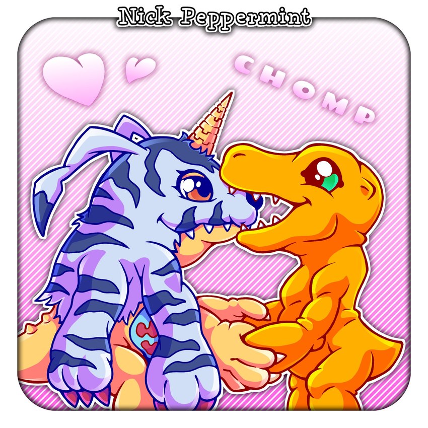 animal_skin anthro claws duo fur green_eyes heart_symbol horn love_bite male male/male red_eyes smile striped_body striped_fur stripes yellow_body nickpeppermint bandai_namco digimon agumon digimon_(species) gabumon scalie 1:1 hi_res