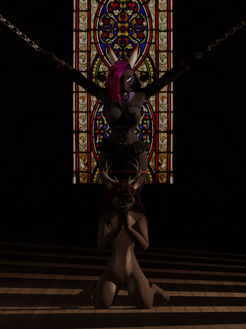 anthro antlers bdsm blood bodily_fluids bondage bound breasts chain church clothed clothing collar duo eyes_closed female fur gothic_architecture hair harness horn kneeling legwear light looking_at_viewer male nipples nosebleed nude prayer praying pupils religious_themes restraints sleeves stained_glass stockings submissive suspension thigh_highs unusual_pupils unmakeyourself_(artist) warfaremachine_(modeler) blair_(unmakeyourself) milo_(milomesmer) warfare_goat bovid caprine deer goat mammal 3:4 3d_(artwork) absurd_res digital_media_(artwork) hi_res lighting