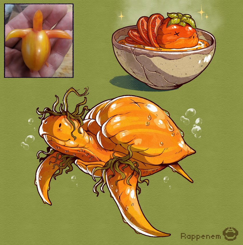 ambiguous_gender bowl candy_gore container feral food fruit gore green_background orange_body photo_reference plant reference_image simple_background solo tomato rappenem elemental_creature flora_fauna food_creature living_fruit reptile scalie turtle 2024 absurd_res clip_studio_paint_(artwork) digital_media_(artwork) hi_res