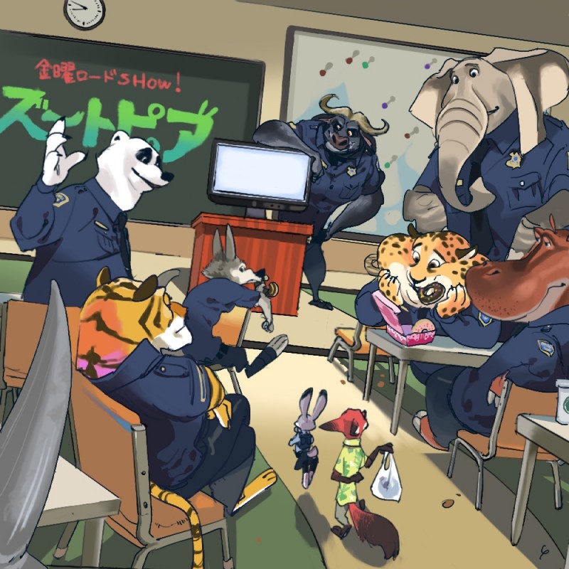 anthro clothed clothing dessert detailed_background doughnut female food fur group horn male pastry police police_officer_eating_donut police_uniform sitting text trunk uniform yasiplay disney zootopia benjamin_clawhauser chief_bogo francine_pennington judy_hopps nick_wilde officer_fangmeyer officer_higgins officer_wolfard bear bovid bovine canid canine canis cape_buffalo cheetah common_hippopotamus elephant elephantid felid feline fox hippopotamid lagomorph leporid mammal pantherine polar_bear proboscidean rabbit red_fox tiger true_fox ursine wolf 1:1 japanese_text translation_request