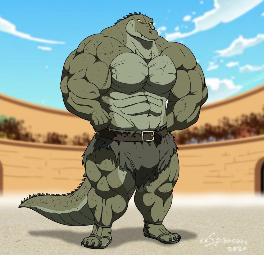 abs anthro arena armor big_muscles clothing footwear leather leather_armor male muscular muscular_anthro muscular_male navel pteruges sandals shoes solo xxsparcoxx reyak_(xxsparcoxx) crocodile crocodilian reptile scalie 2020 artist_name hi_res