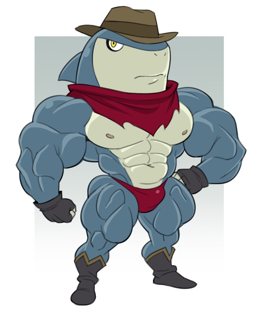 abs anthro boots clothing fedora footwear gloves handwear hat headgear headwear kerchief male muscular muscular_anthro muscular_male neckerchief neckwear nipples pecs shoes solo speedo swimwear analon_(artist) level-5 yo-kai_watch indiana_jaws_(yo-kai_watch) fish marine shark 2023 hi_res