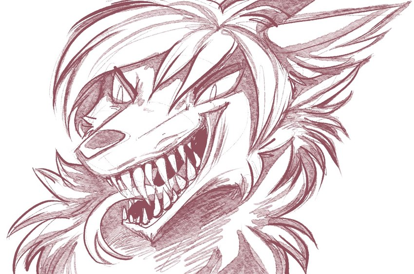 ambiguous_gender angry anthro fangs female fur hair looking_at_viewer open_mouth simple_background simple_eyes smile solo teeth tongue tongue_out white_background zrcalo canid canine canis mammal digital_media_(artwork) monochrome shaded sketch