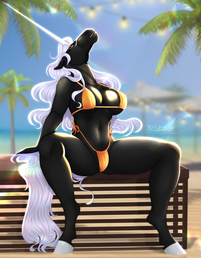 anthro beach bench big_breasts bikini bikini_bottom bikini_top black_body bodily_fluids bottomwear breasts clothing exposure_variation facial_markings female front_view hair head_markings hooves horn leaning leaning_backward long_horn looking_at_viewer mane markings navel open_mouth orange_bikini_bottom orange_bikini_top orange_bottomwear orange_clothing orange_eyes orange_topwear outside palm_tree plant seaside simple_background sitting solo spread_legs spreading sweat sweatdrop swimwear tail text topwear tree two-piece_swimsuit white_hair white_hooves white_horn white_mane white_tail huskii-s mythology alisian equid equine mammal mythological_creature mythological_equine unicorn 2024 digital_media_(artwork) english_text hi_res watermark