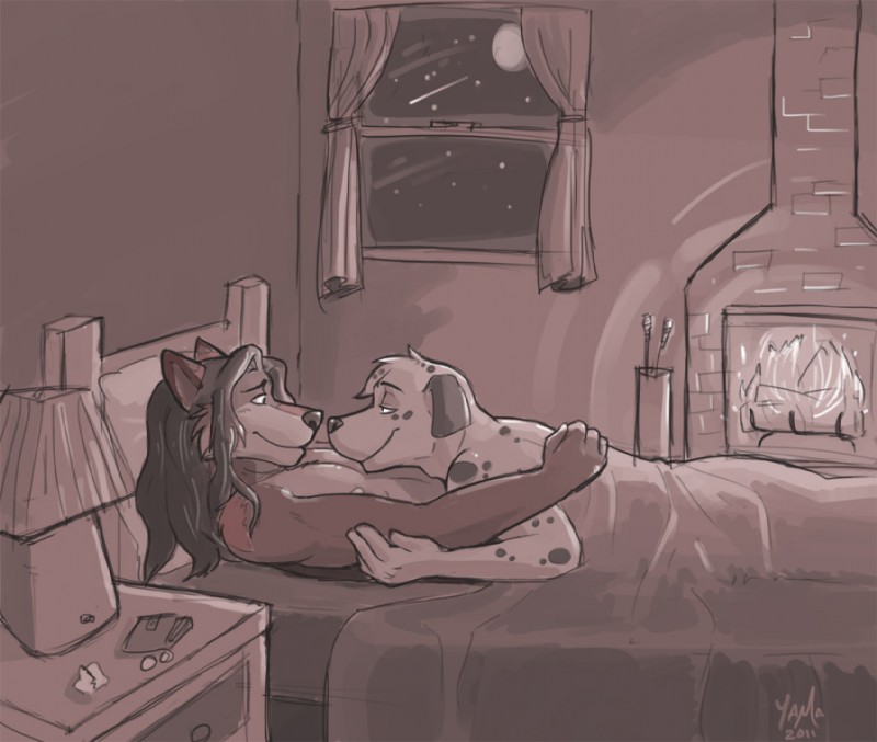 anthro bed black_hair black_nose brown_body brown_fur duo eye_contact fire fire_iron fireplace fur furniture hair hug inside long_hair looking_at_another lying male male/male moon muscular on_back on_bed on_bottom on_front on_top pillow romantic romantic_ambiance smile white_body white_fur window wolfyama canid canine canis dalmatian domestic_dog mammal