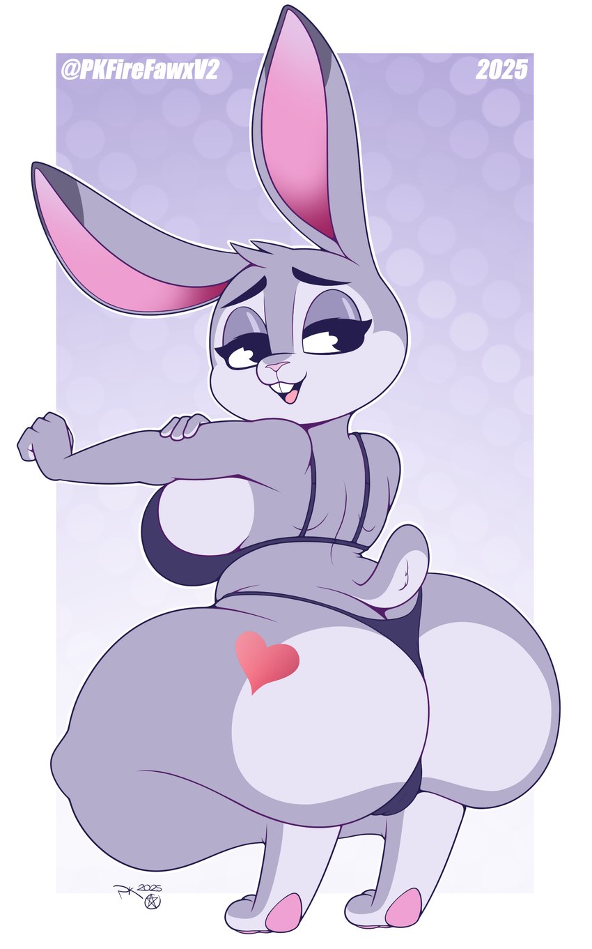 anthro big_breasts big_butt bra breasts butt camel_toe clothed clothing crouching female fingers fur grey_body grey_fur half-closed_eyes heart_symbol long_ears looking_back narrowed_eyes panties pawpads scut_tail short_tail solo tail text thick_thighs thong underwear pkfirefawx disney zootopia judy_hopps lagomorph leporid mammal rabbit 2025 absurd_res artist_name hi_res signature
