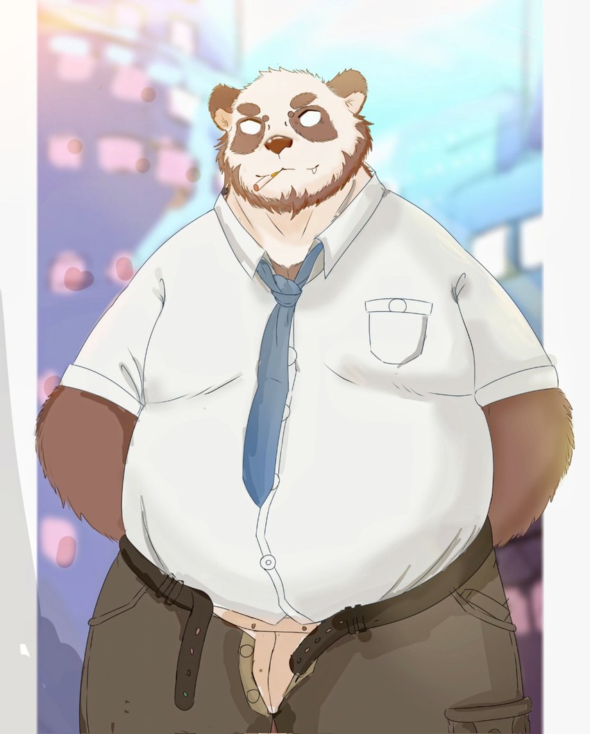 anthro belly big_belly bottomwear brown_body clothing kemono male necktie outside overweight overweight_male pants shirt smoking solo topwear underwear white_body 0c95yzr015ps0j5 tengzai05 bear giant_panda mammal 2022 hi_res