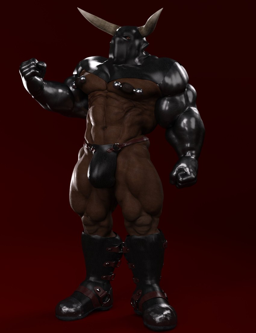 abs anthro biceps bondage_gear boots brown_body brown_fur bulge clothing flexing flexing_bicep footwear forearm_muscles fur horn jockstrap leather leather_boots leather_clothing leather_footwear leather_jockstrap leather_mask leather_topwear leather_underwear male mask muscular muscular_anthro muscular_male muscular_thighs navel nipple_piercing nipples pecs piercing quads red_background red_eyes shoes simple_background solo topwear triceps underwear barbas_thornhide barbas_thornhide_(character) bovid bovine cattle mammal 2022 3d_(artwork) digital_media_(artwork) hi_res