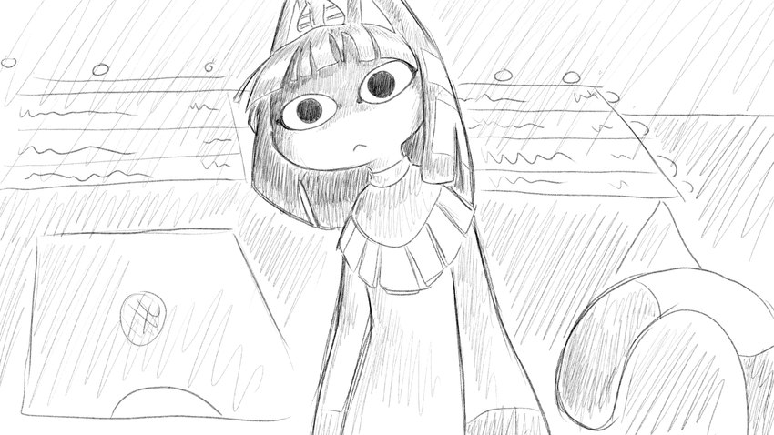 anthro blank_stare clothed clothing dress female movie_theater solo soul_devouring_eyes ticket_booth wide_eyed dragonweirdo animal_crossing nintendo ankha_(animal_crossing) domestic_cat felid feline felis mammal 16:9 greyscale hi_res monochrome widescreen