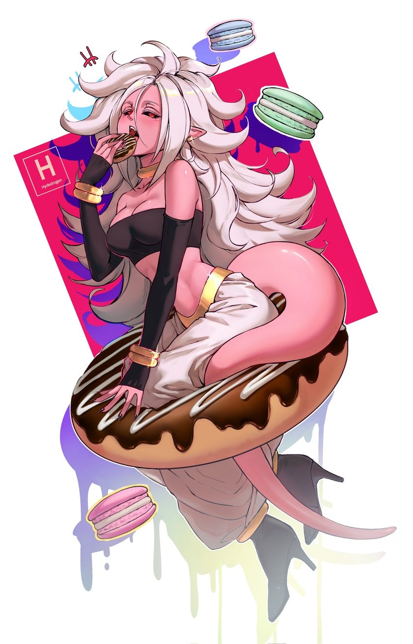 andoid_21 armwear boots breasts clothing cookie dessert doughnut eating female food footwear hair high_heeled_boots high_heels humanoid_pointy_ears long_hair macaron_(food) not_furry open_mouth pastry pink_body pink_skin pointy_ears shoes sitting solo tail white_hair hydedrogen dragon_ball dragon_ball_fighterz majin_android_21 alien alien_humanoid humanoid majin hi_res signature