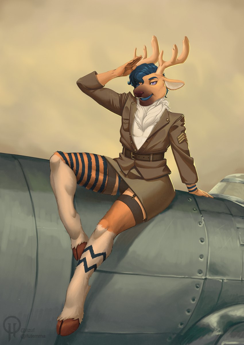 aircraft airplane anthro army_uniform bottomwear bulge clothed clothing crossdressing femboy garter_straps gesture male pose salute skirt solo vehicle lizuf_(artist) saturdaii_(fauxcroft) deer mammal new_world_deer reindeer absurd_res hi_res huge_filesize pinup