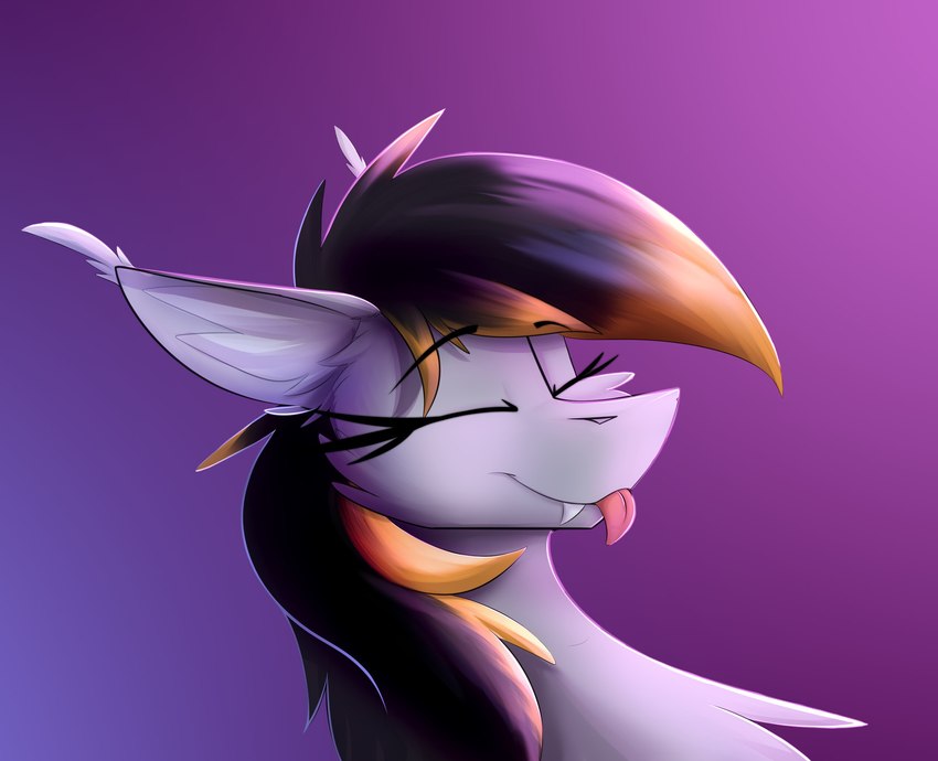 eyebrows eyelashes eyes_closed fangs female feral fur grey_body grey_fur happy highlights_(coloring) inner_ear_fluff purple_background simple_background solo teeth tongue tongue_out tuft observerdoz hasbro my_little_pony fan_character bat_pony equid mammal hi_res