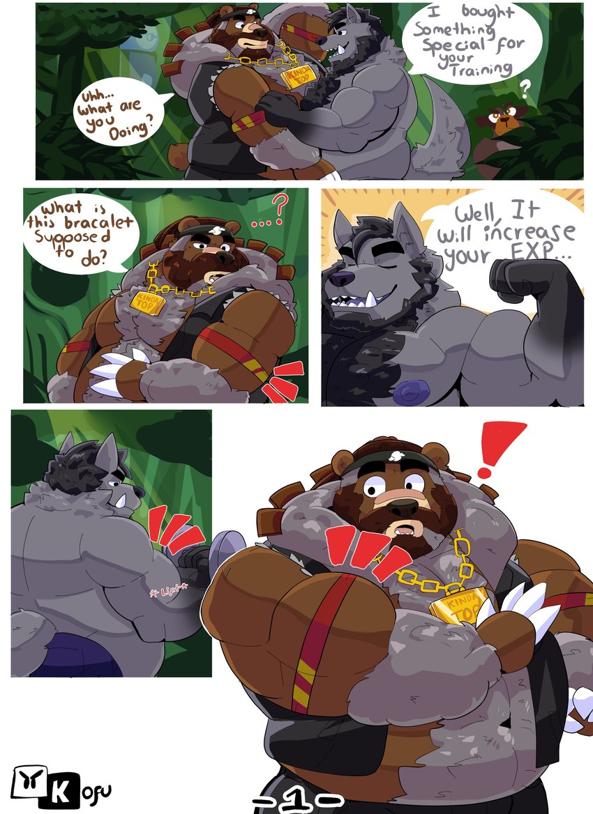 anthro belly brown_body brown_fur brown_hair collar detailed_background dialogue duo flexing flexing_bicep fur grey_body grey_fur grey_hair hair male male/male musclegut muscular nipples overweight smile smirk text kofu_grizzly_chubby nintendo pokemon ape bear canid canine canis generation_8_pokemon haplorhine mammal pokemon_(species) primate rillaboom ursaluna ursine wolf absurd_res comic english_text hi_res