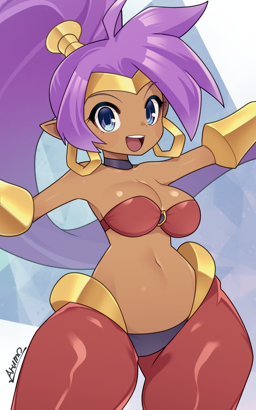 breasts brown_body brown_skin cleavage clothed clothing ear_piercing ear_ring female hair humanoid_pointy_ears long_hair not_furry open_mouth piercing ponytail purple_hair ring_piercing simple_background solo tan_body tan_skin arumo shantae_(series) wayforward shantae genie humanoid 2023 5:8 absurd_res hi_res signature