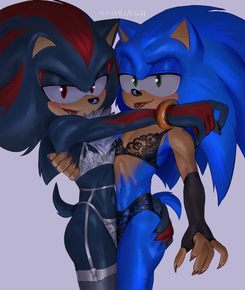 anthro black_nose blue_body butt butt_grab clothed clothing colored_nails crossdressing duo green_eyes hand_on_butt lingerie looking_at_viewer male male/male nails red_eyes tongue tongue_out hauringu sega sonic_the_hedgehog_(series) shadow_the_hedgehog sonic_the_hedgehog eulipotyphlan hedgehog mammal 2022