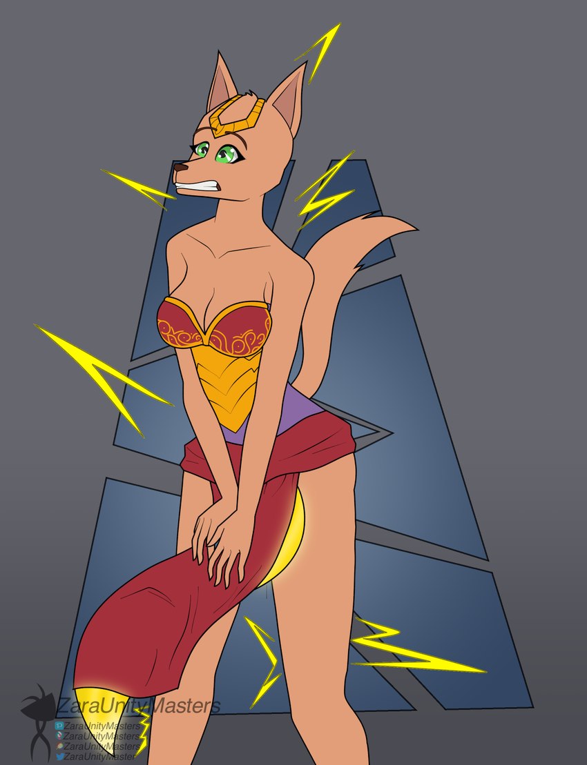 anthro armor boob_armor bottomwear clenched_teeth clothing female loincloth possession shaking shivering shocked simple_background solo teeth zaraunitymasters chaotic kinnianne canid canine fennec_fox fox ghost mammal spirit true_fox hi_res