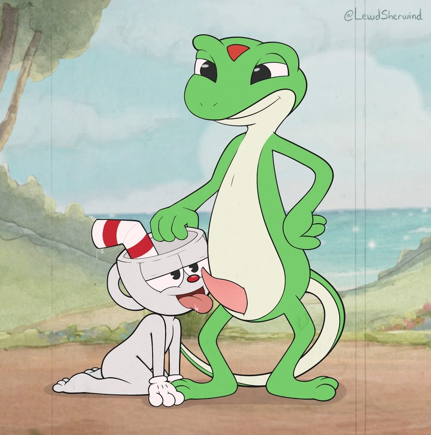 animal_genitalia bodily_fluids container cum cum_on_tongue cup duo genital_fluids genitals kneeling leaking_cum licking male male/male mascot oral penile penis penis_lick sex tongue tongue_out sherwind52 cuphead_(game) geico cuphead_(character) geico_gecko gecko lizard reptile scalie hi_res