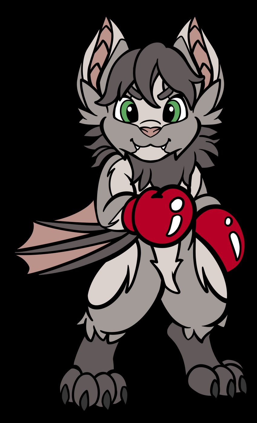 anthro black_nails boxing_gloves clothing colored_nails eyebrows fluffy fur fur_markings green_eyes grey_body grey_fur grey_hair hair handwear male markings membrane_(anatomy) membranous_wings nails pink_membrane pink_nose solo wing_bones winged_arms wings fycroh danglebat orgen_(danglebat) bat humanoid mammal absurd_res alpha_channel digital_media_(artwork) hi_res