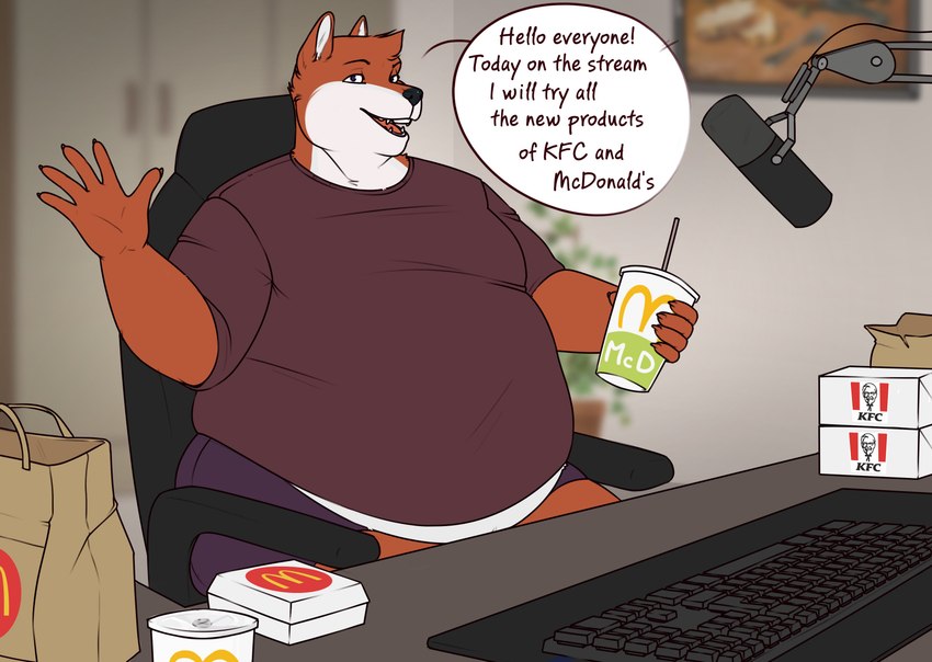 anthro belly black_nose blue_eyes bottomwear chair clothing detailed_background dialogue electronics fur furniture gesture greeting hair keyboard livestream looking_at_viewer male microphone moobs mouse_pad office office_chair on_chair open_mouth orange_body orange_fur orange_hair overweight overweight_male purple_bottomwear purple_clothing purple_shirt purple_shorts purple_topwear shirt short_hair shorts sitting sitting_on_chair solo teeth text tongue topwear waving white_body white_fur aucherr valerayu kfc mcdonald's jt_(youcrazyforthis) canid canine fox mammal 2024 absurd_res artist_collaboration english_text hi_res