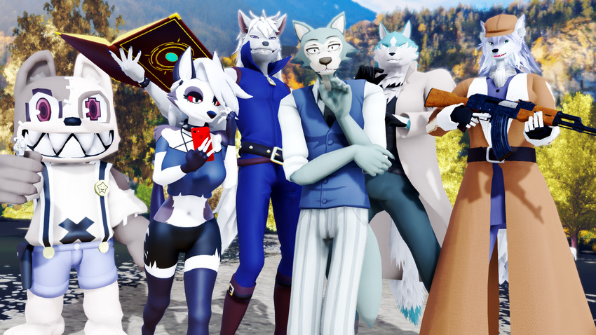 anthro blue_body blue_eyes blue_fur blue_hair clothing collar female fur grey_body grey_fur group hair hat headgear headwear long_hair looking_at_viewer male red_sclera tuft white_body white_fur white_hair malicekira aeridiccore_(modeler) beastars brand_new_animal fate_(series) gleipnir helluva_boss pretty_cure smile_pretty_cure studio_trigger type-moon legoshi_(beastars) loona_(helluva_boss) patxi_(fate) shirou_ogami shuichi_kagaya wolfrun animate_inanimate canid canid_demon canine canis demon living_clothing mammal wolf yaga 16:9 3d_(artwork) crossover digital_media_(artwork) hi_res mikumikudance_(artwork) widescreen